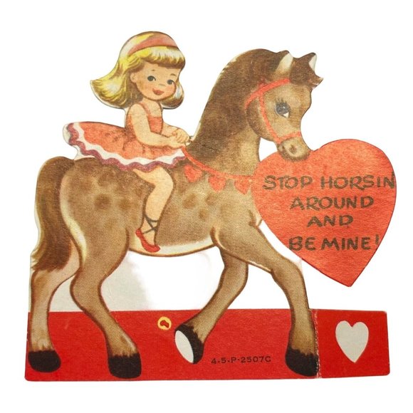1940s Vintage Valentine Card Horseback Rider Stop Horsin Around Die Cut 3.5" - Picture 1 of 4
